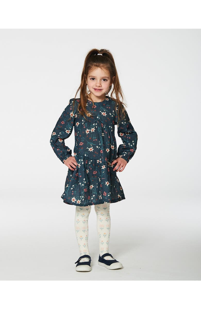 Deux par Deux Girl's Long Sleeve Muslin Dress Teal Printed Flowers, Alternate, color,