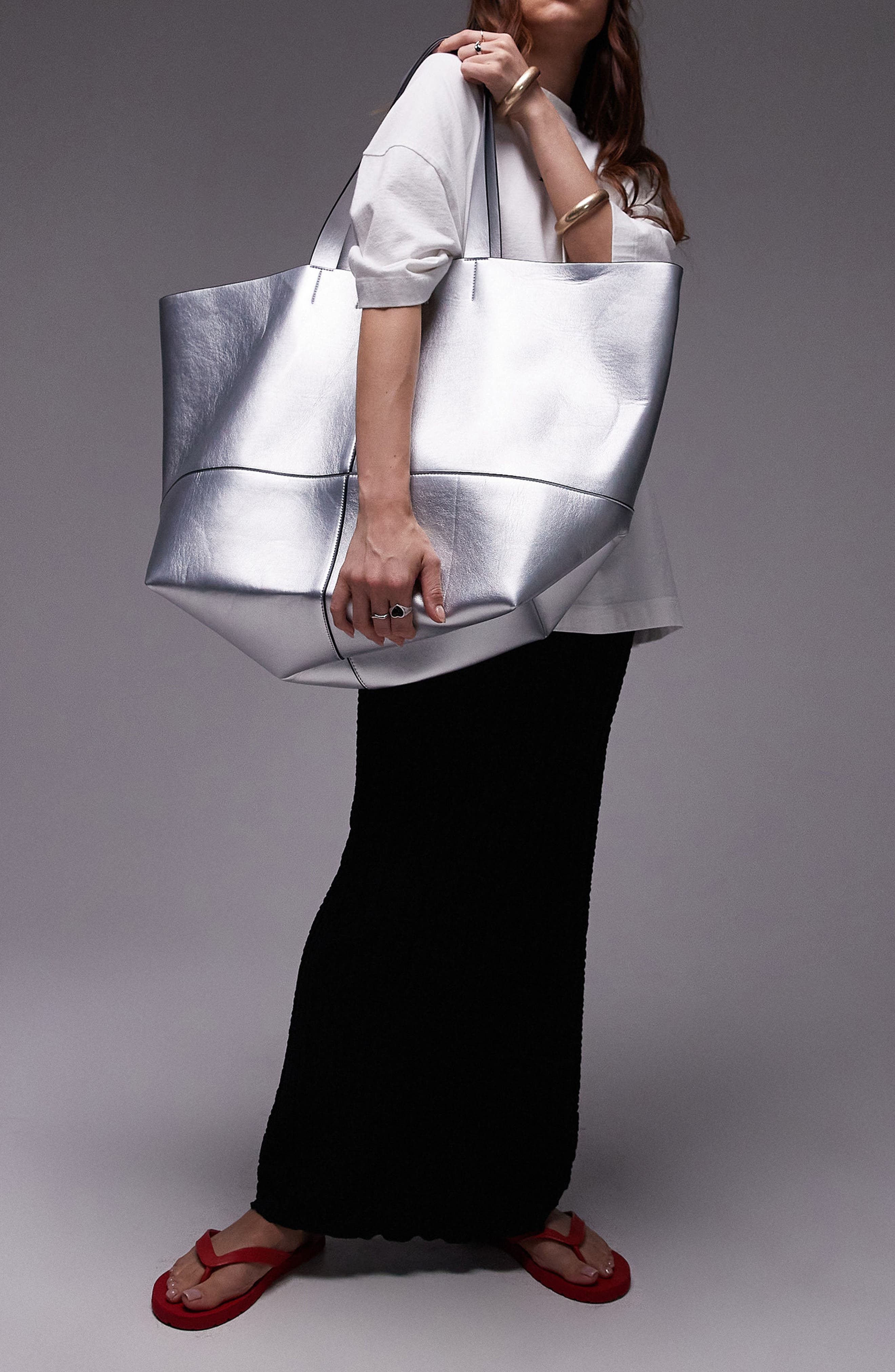Topshop Tink Metallic Tote Bag, Alternate, color, 