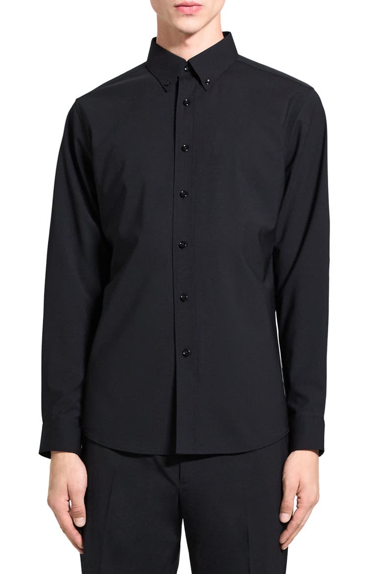 Hugh Stretch Virgin Wool Button-Down Shirt, Main, color, BLACK