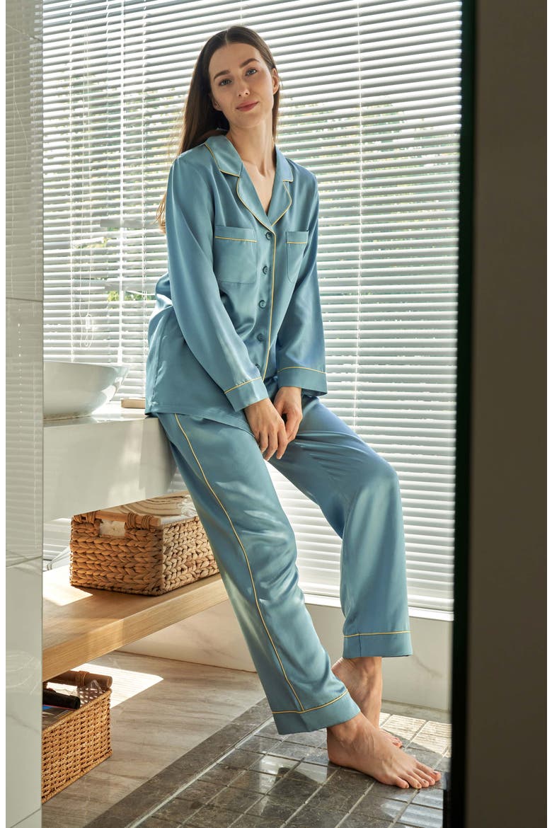 Women's Gold Piping Silk Pajamas Set, Alternate, color, Blue Haze