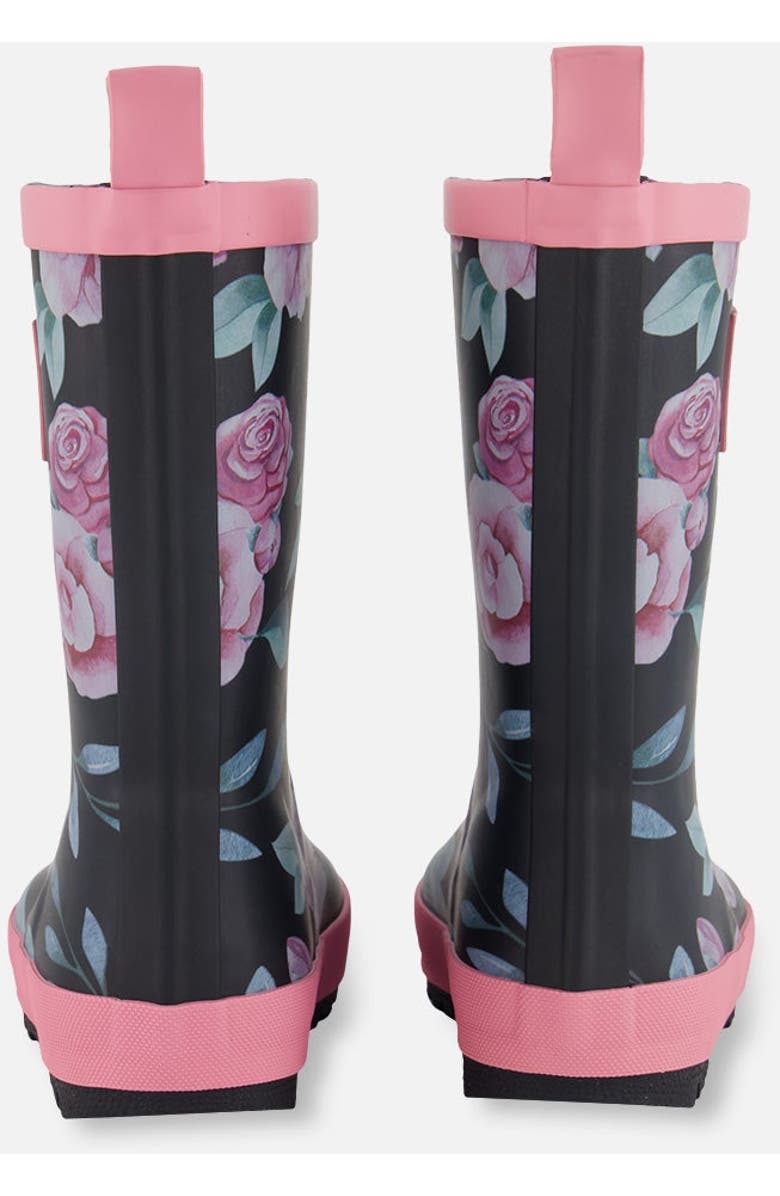 Deux par Deux Girl's Printed Rain Boots Pink, Black, And Flowers, Alternate, color, Pink, Black, And Flowers
