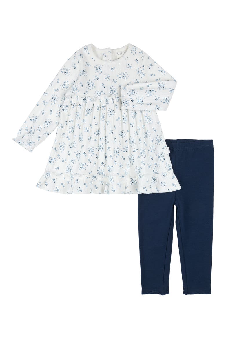 Long Sleeve Pointelle Dress & Leggings Set, Main, color, NAVY
