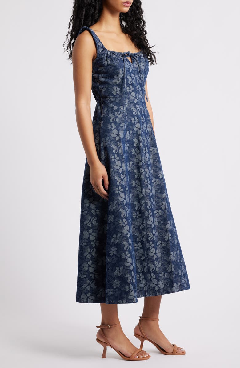 MOON RIVER Floral Denim Midi Dress, Alternate, color, Indigo
