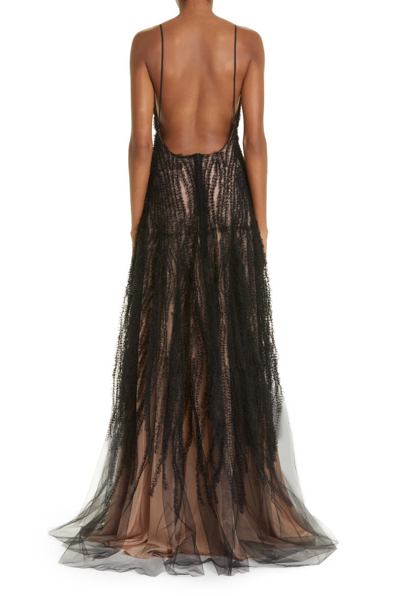 Embroidered Ruffle Plunge Neck Gown, Alternate, color, BLACK