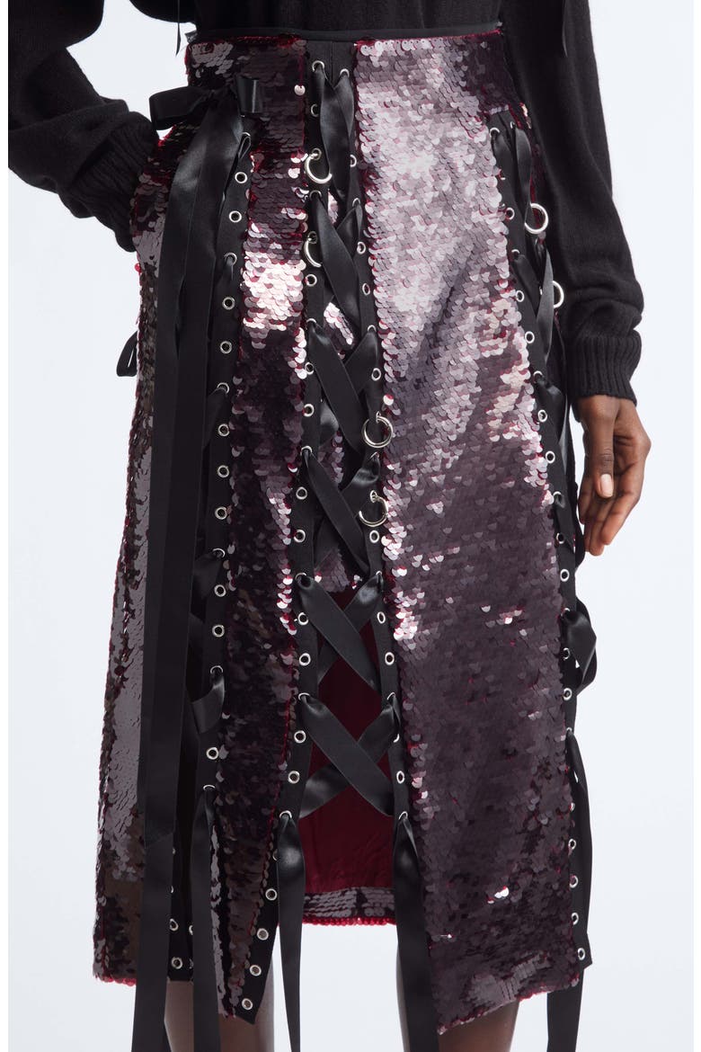 Unraveling Ribbon Ring Sequin Midi Skirt, Alternate, color, DEEP RED