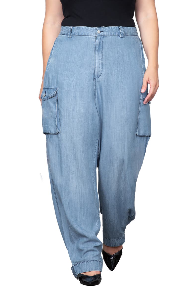 High Waist Chambray Cargo Pants, Main, color, BLEACH BLUE