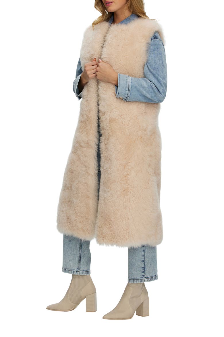 Genuine Shearling Collarless Long Vest, Alternate, color, LIGHT BEIGE