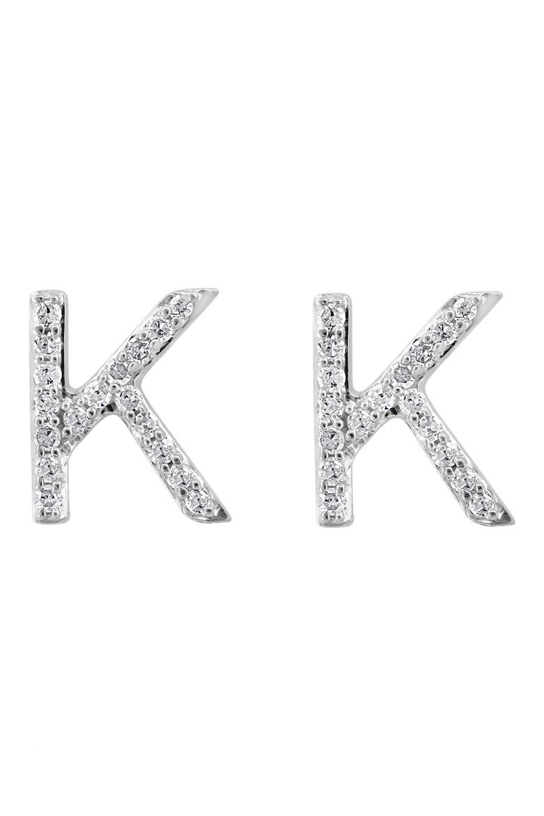 Sterling Silver Diamond 'K' Initial Stud Earrings, Alternate, color, SILVER