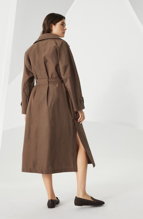 Brunello Cucinelli Brown Water-resistant Taffeta Shiny Details Trench Coat In Cocoa