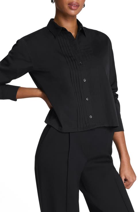 Pintuck Crop Cotton Poplin Button-Up Shirt