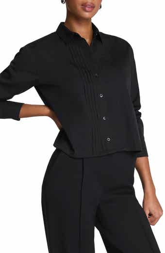 Pintuck Crop Cotton Poplin Button-Up Shirt