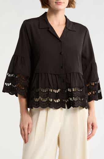Forgotten Grace Button Front Open Lace Detail Top