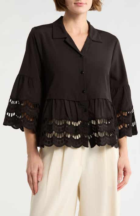 Forgotten Grace Button Front Open Lace Detail Top