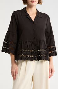 Forgotten Grace Button Front Open Lace Detail Top