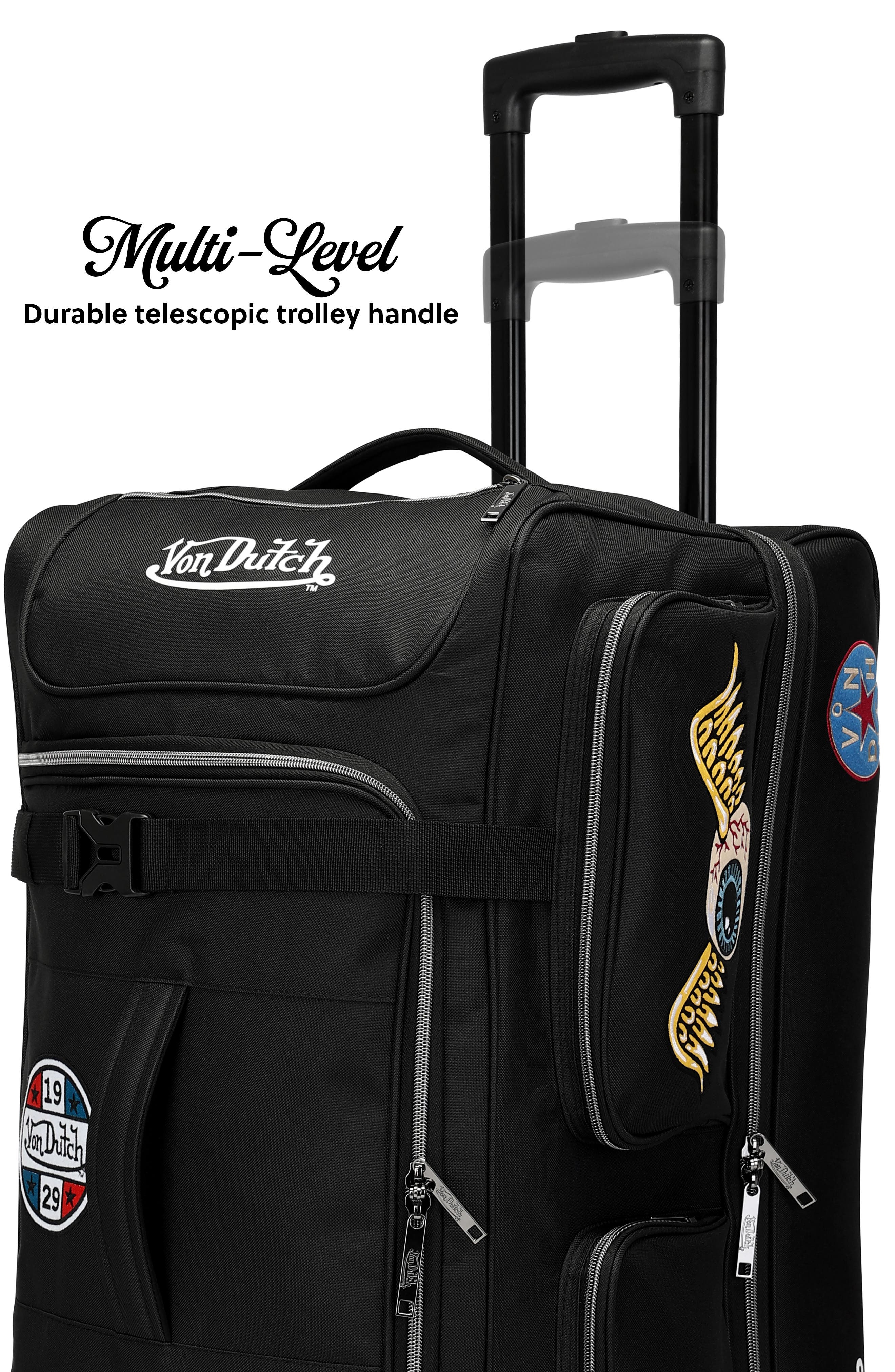 Von Dutch Signature Patch Rolling Travel Duffel Bag with Inline Skate Wheels, Alternate, color, Black