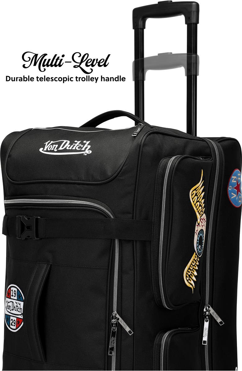Von Dutch Signature Patch Rolling Travel Duffel Bag with Inline Skate Wheels, Alternate, color, Black