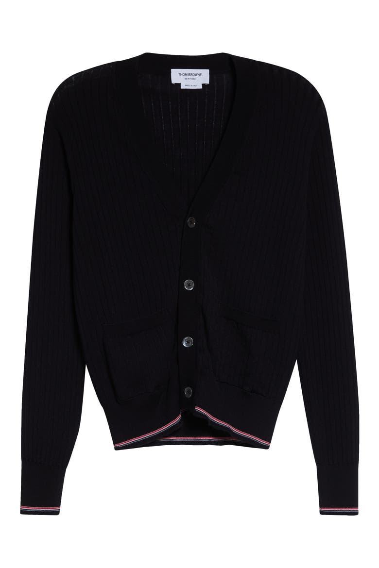 Rib Stitch Stretch Wool V-Neck Cardigan, Main, color, NAVY