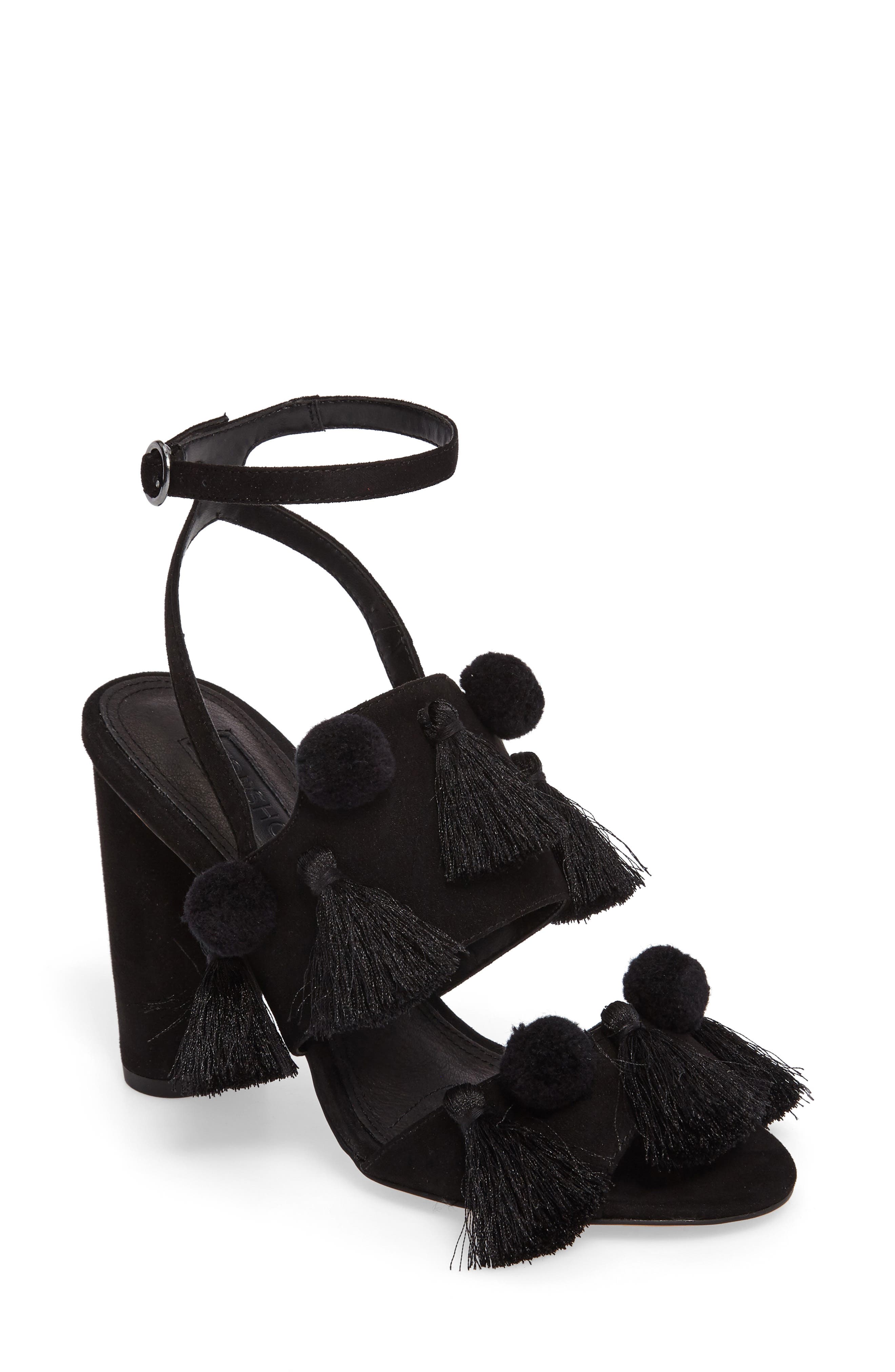 Rave Tasseled Pom Sandal, Main, color, BLACK