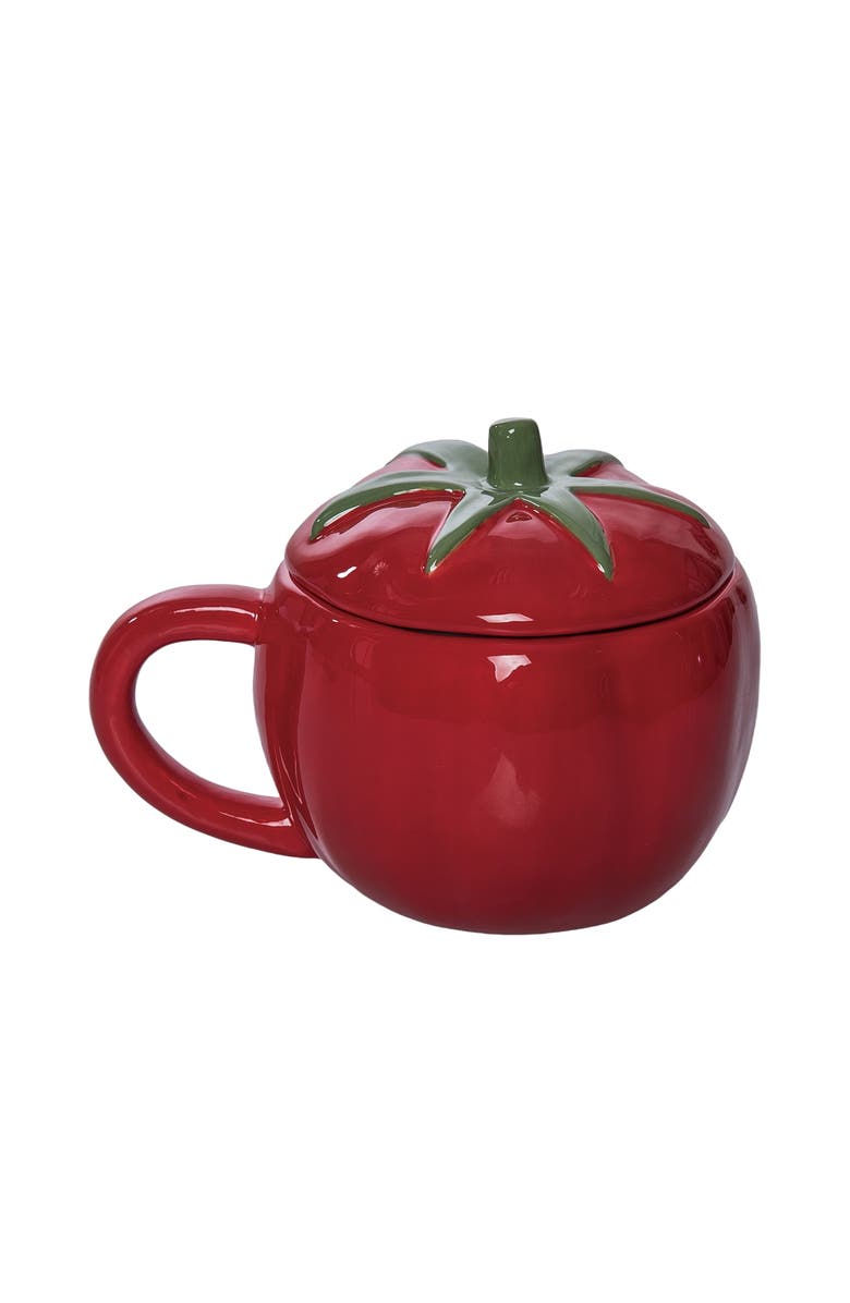 Transpac Dolomite 10 Oz Tomato Mug with Lid Red and Green for Spring Serving and Entertaining, Main, color, Red