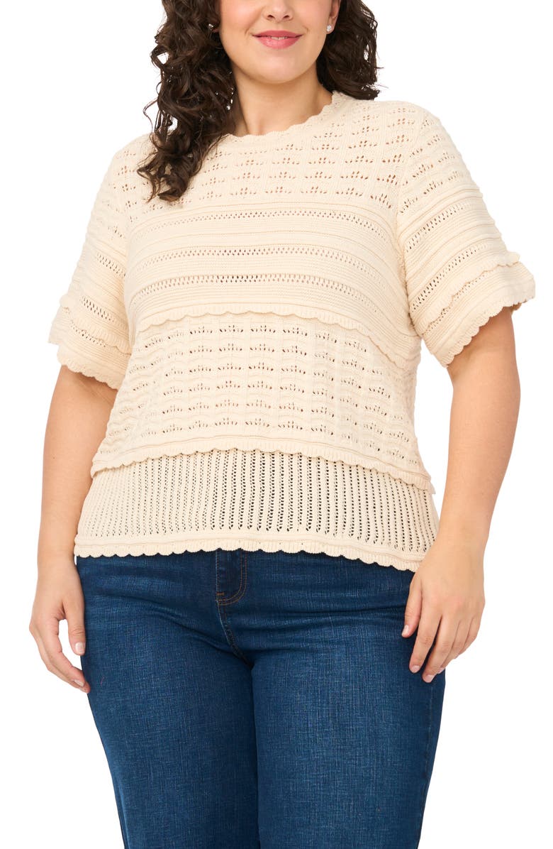 CeCe Multi Stitch Pointelle Knit Cotton Sweater, Main, color, White Swan