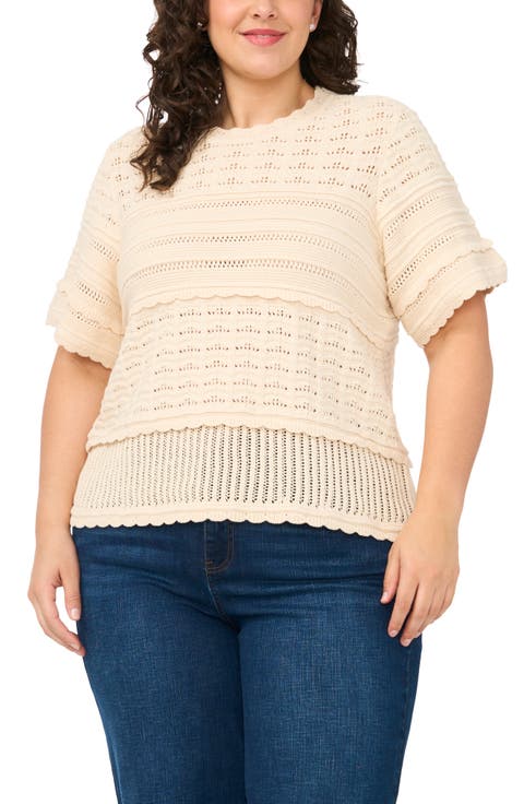 Multi Stitch Pointelle Knit Cotton Sweater (Plus)