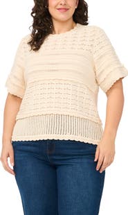 CeCe Multi Stitch Pointelle Knit Cotton Sweater