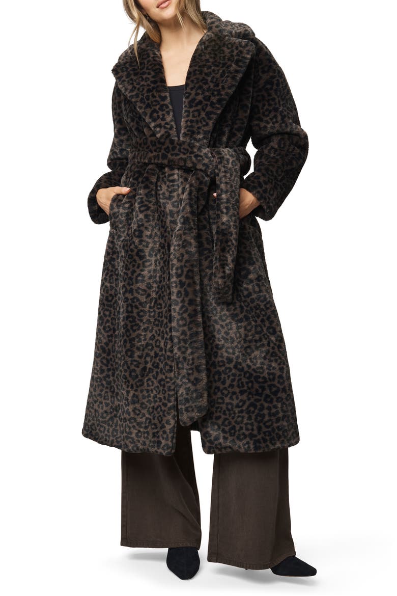 Lucia Tie Waist Long Faux Fur Coat, Main, color, BROWN LEOPARD PRINT