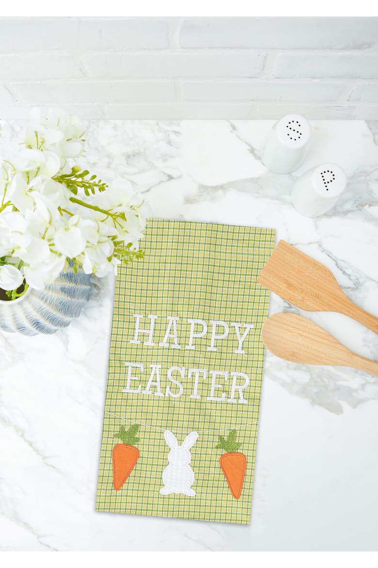 "Happy Easter" Bunny Rabbit & Carrots 100% Cotton Green Plaid Dishtowel, Alternate, color, Green