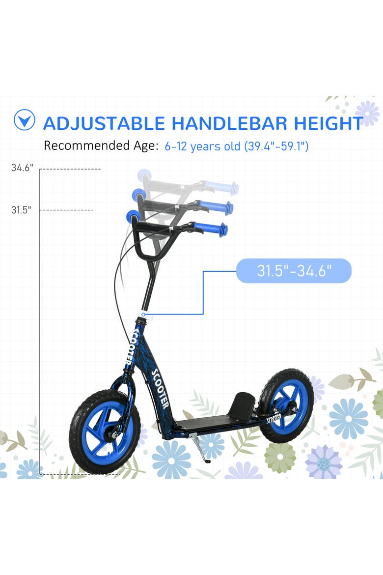 Kids Kick Scooter, Big Wheel Scooter with Adjustable Handlebar, Rear Brake, Kickstand, Non-slip Footplate, 12" EVA Wheels, for 6-12 Years, Green, Alternate, color, Blue