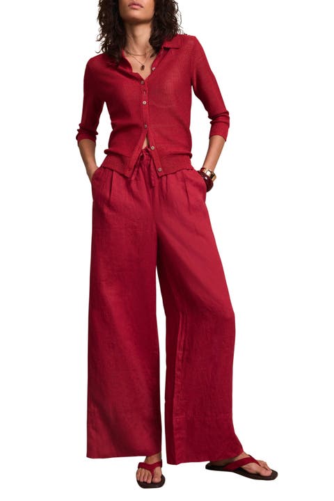 Linen Drawstring Wide Leg Trousers