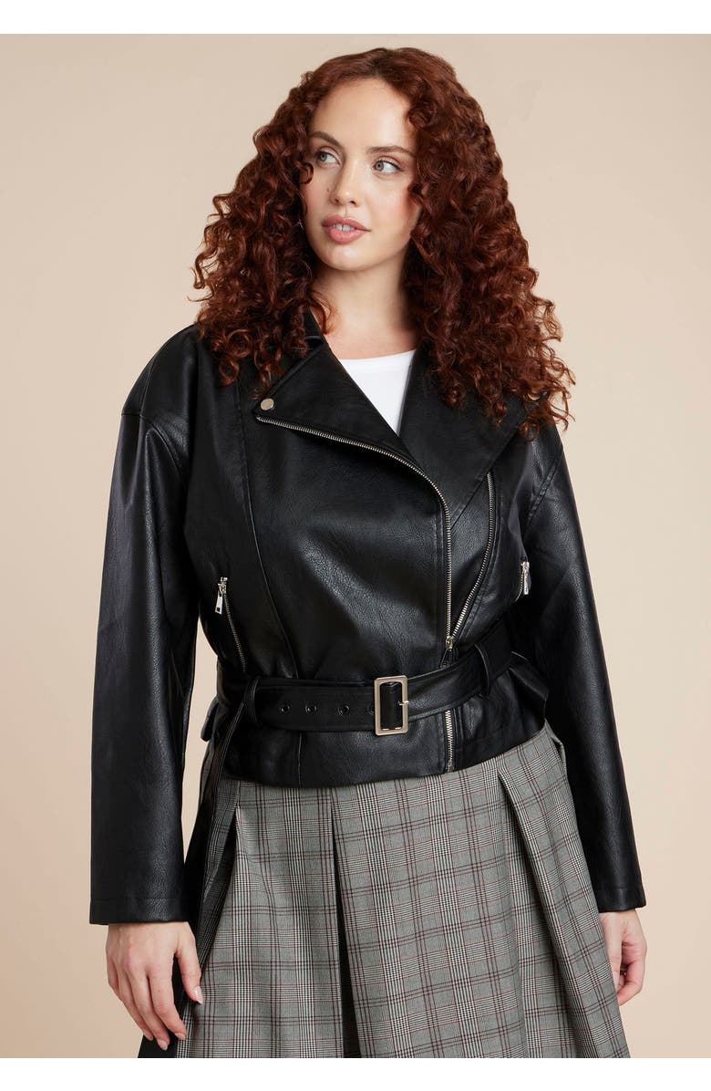 ELOQUII Belted Faux Leather Moto Jacket, Main, color, Black Onyx