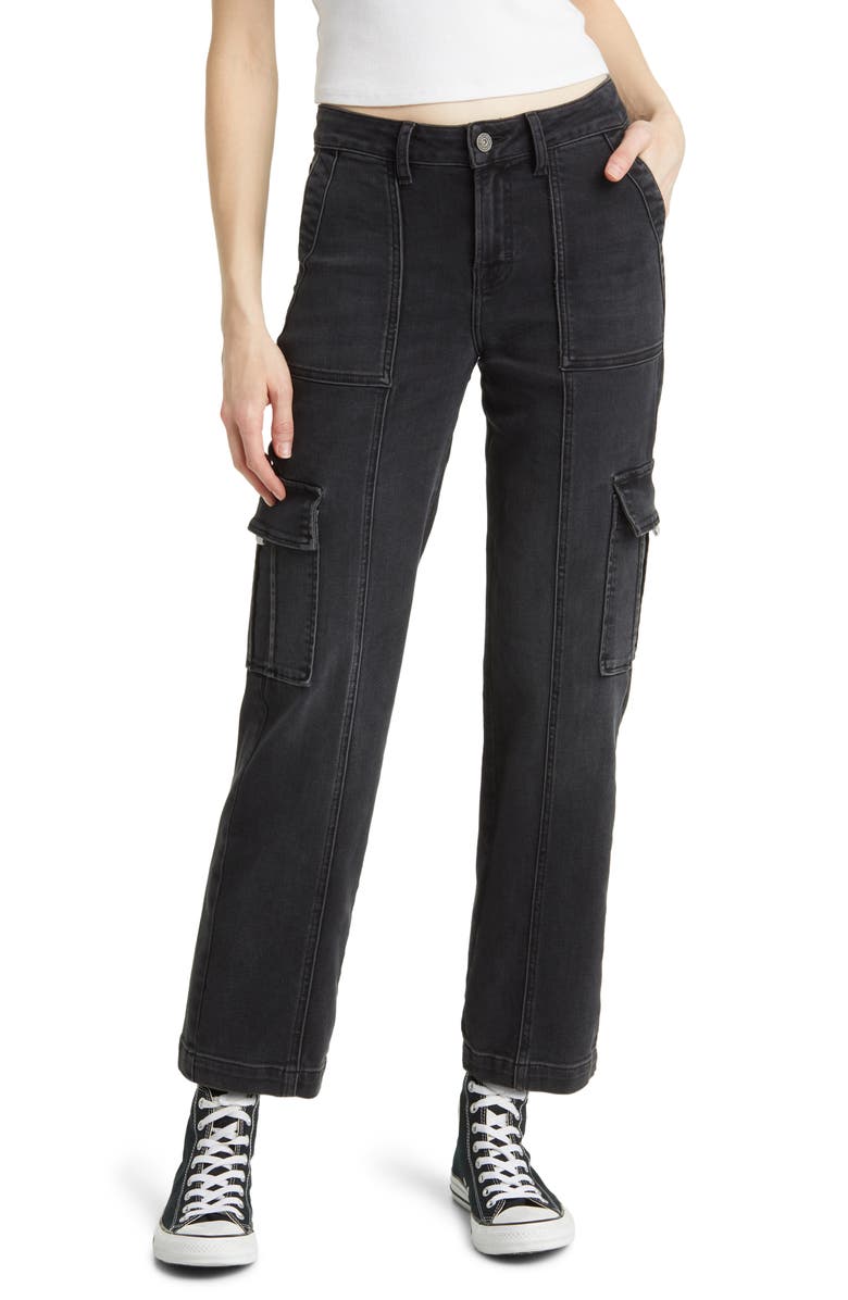 HIDDEN JEANS Straight Leg Cargo Jeans, Main, color, Black