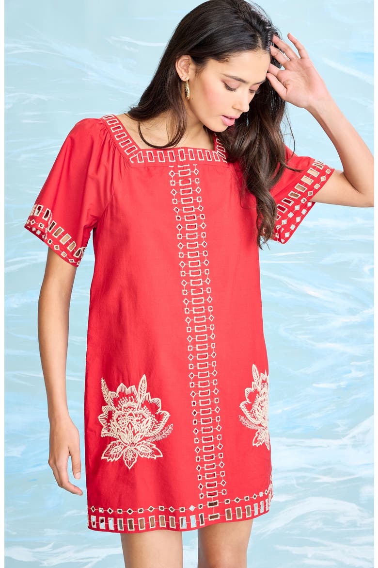 Embroidered Shift Dress, Alternate, color, RED/ BEIGE
