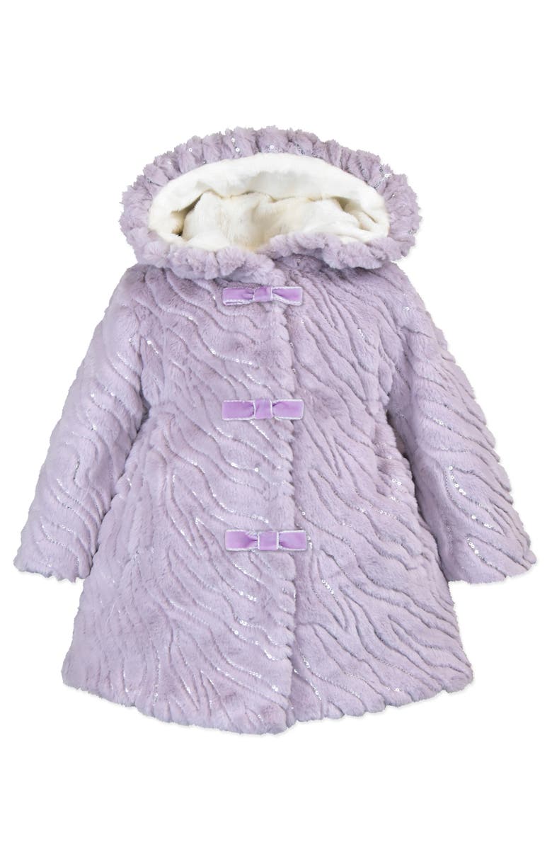 Widgeon Faux Fur Ruffle Hooded Bow Coat, Main, color, Purple Rain
