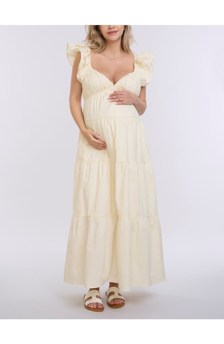 MOTHERHOOD MATERNITY Ruffle Sleeve Tie-Back Maternity Maxi Dress, Main, color, Winter White