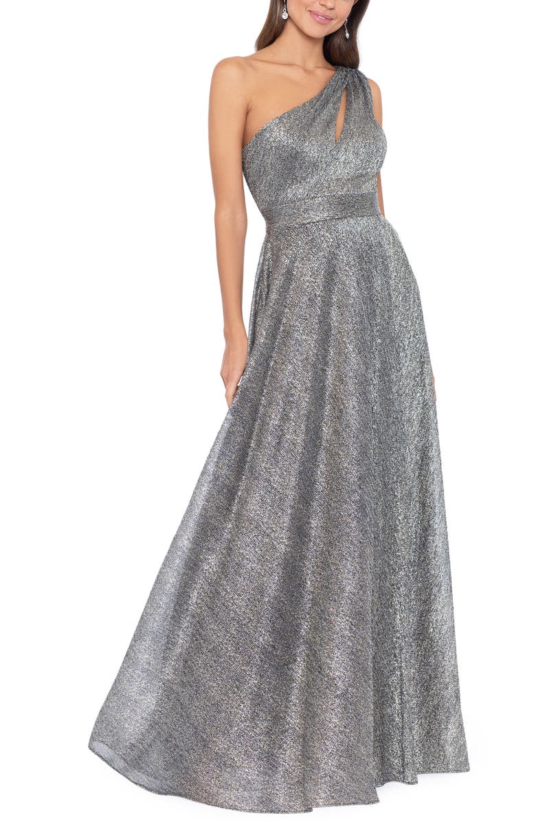 Betsy & Adam Metallic One-Shoulder Crinkle Gown, Main, color, 