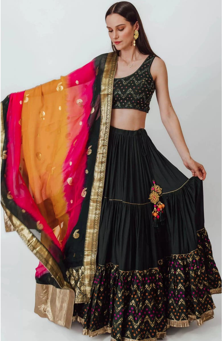 RAAS Mariana Tiered Lehenga with One Shoulder Blouse, Alternate, color, Green