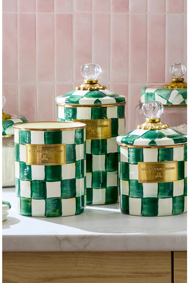 Emerald Check Large Enameled Steel Canister, Alternate, color, EMERALD