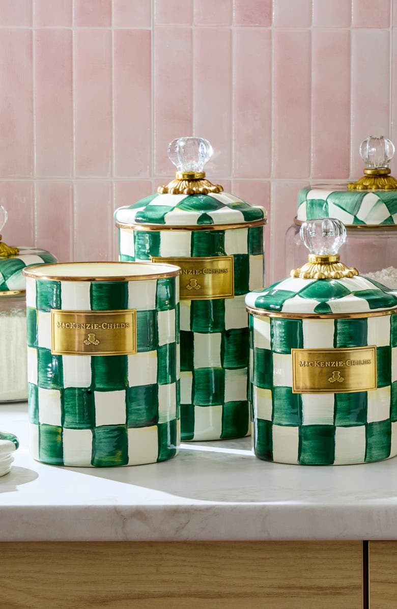 MACKENZIE CHILDS Emerald Check Large Enameled Steel Canister, Alternate, color, Emerald