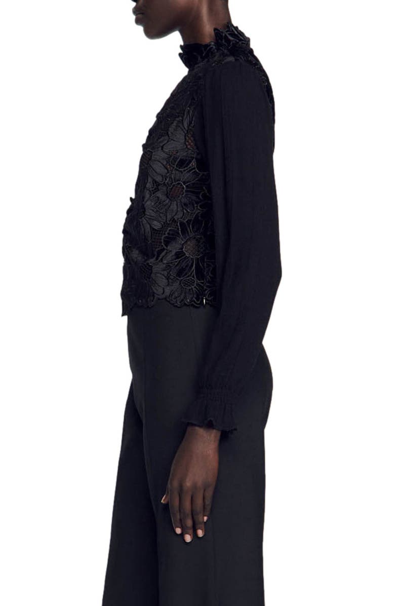 SANDRO May Floral Guipure Lace Mock Neck Velvet Top, Alternate, color, 