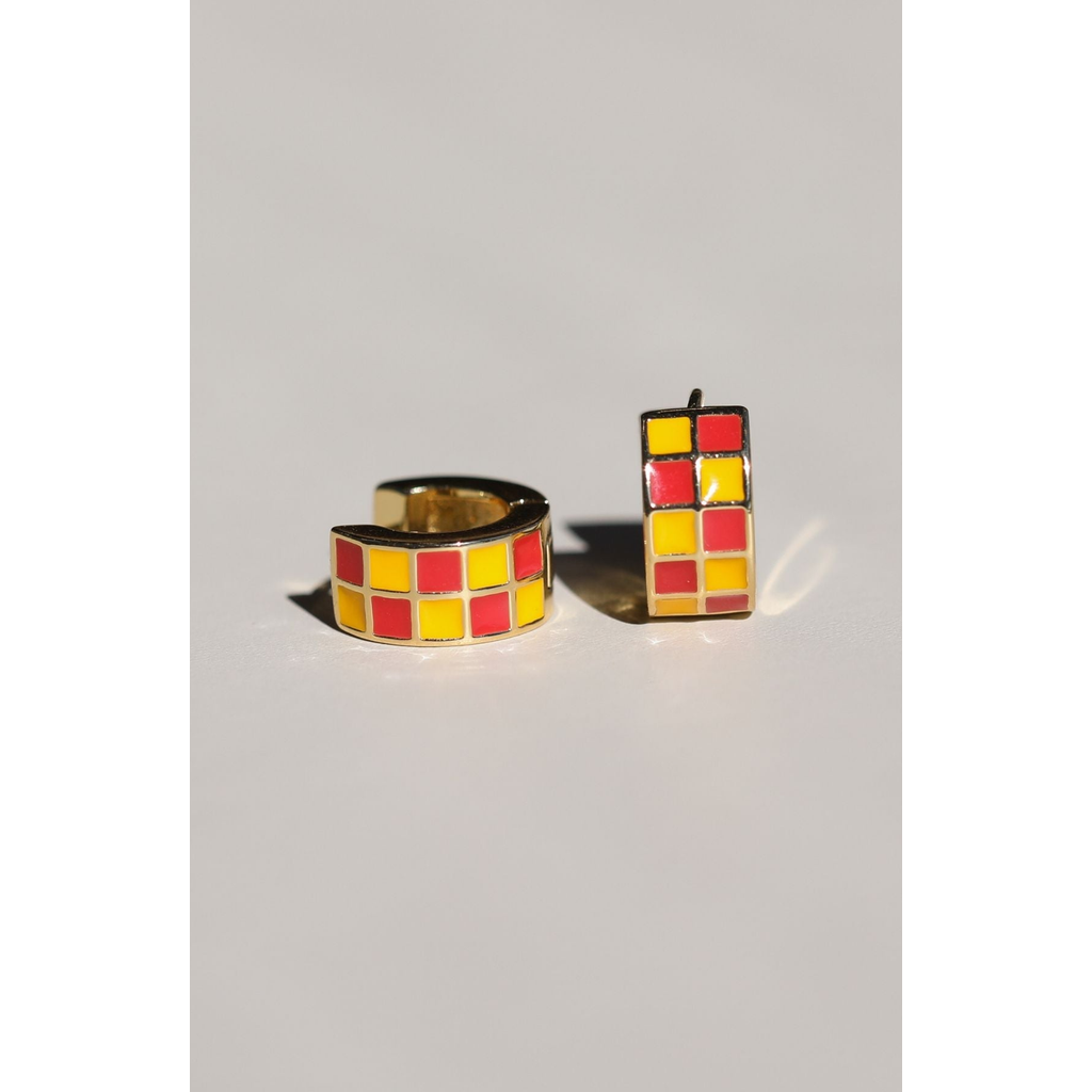 Nickel & Suede Checkered Enamel Huggies