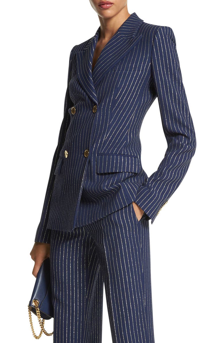 Michael Kors Collection Metallic Pinstripe Double Breasted Crepe Blazer, Alternate, color, 