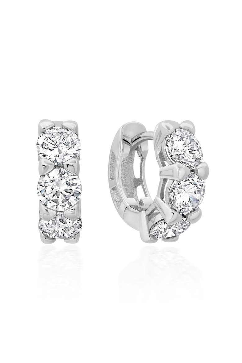 Brilliant Cubic Zirconia Huggie Hoop Earrings, Main, color, PURE PLATINUM/ CLEAR STONE