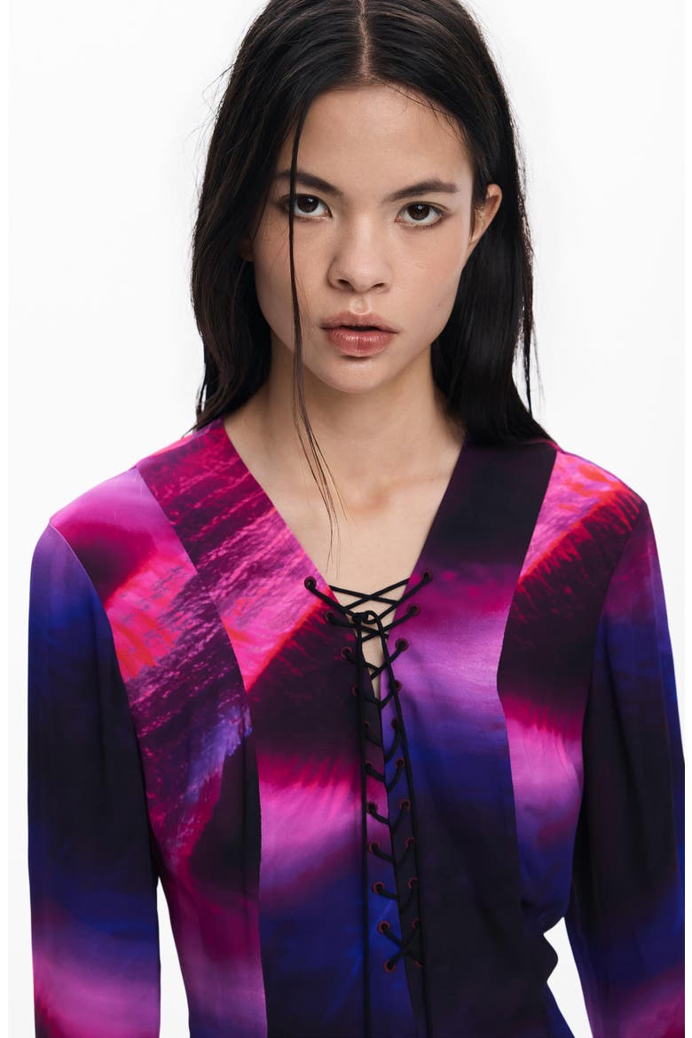 Print Lace Up Long Sleeve Minidress, Alternate, color, PURPLE