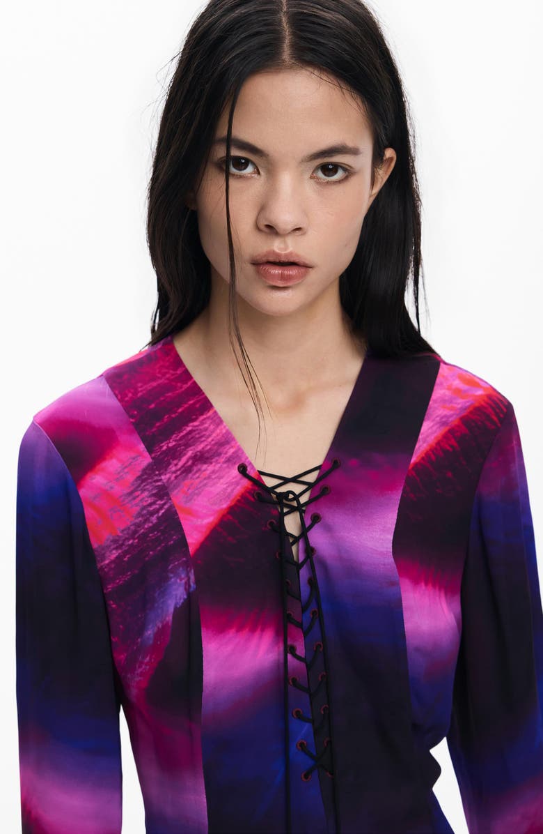 Desigual Print Lace Up Long Sleeve Minidress, Alternate, color, Purple
