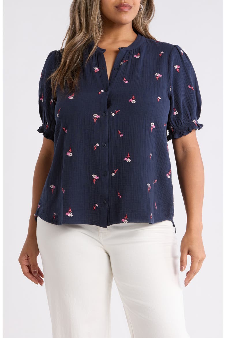 Embroidered Popover Top, Main, color, NAVY- RED TOSSED BLOSSOMS