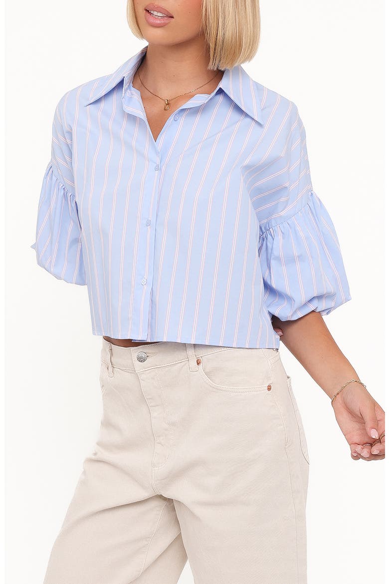 Zella Stripe Puff Sleeve Cotton Button-Up Shirt, Alternate, color, BLUE WHITE STRIPE