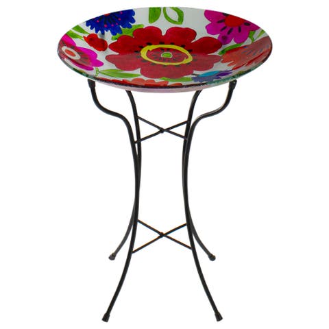 18" Red and Blue Summer Flowers Hand Painted Glass Outdoor Patio Birdbath
