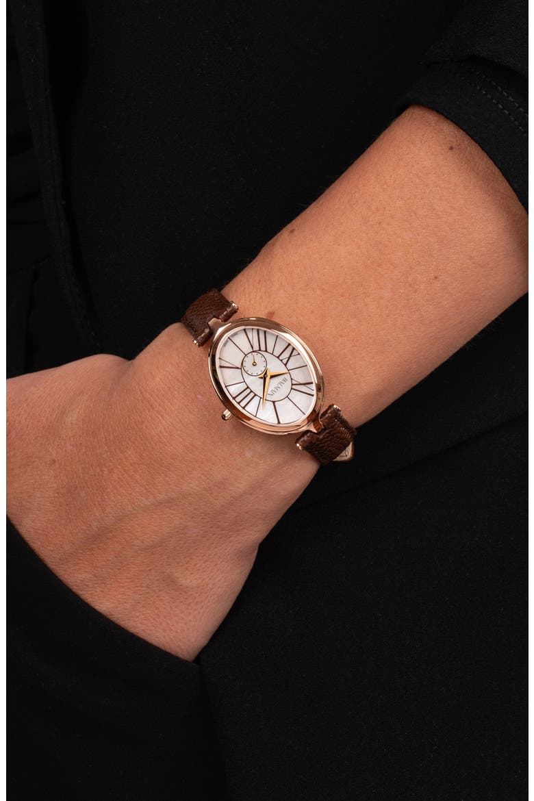 Haute Elegance Oval Leather Strap Watch, 26mm x 32mm, Alternate, color, YELLOW GOLD BROWN
