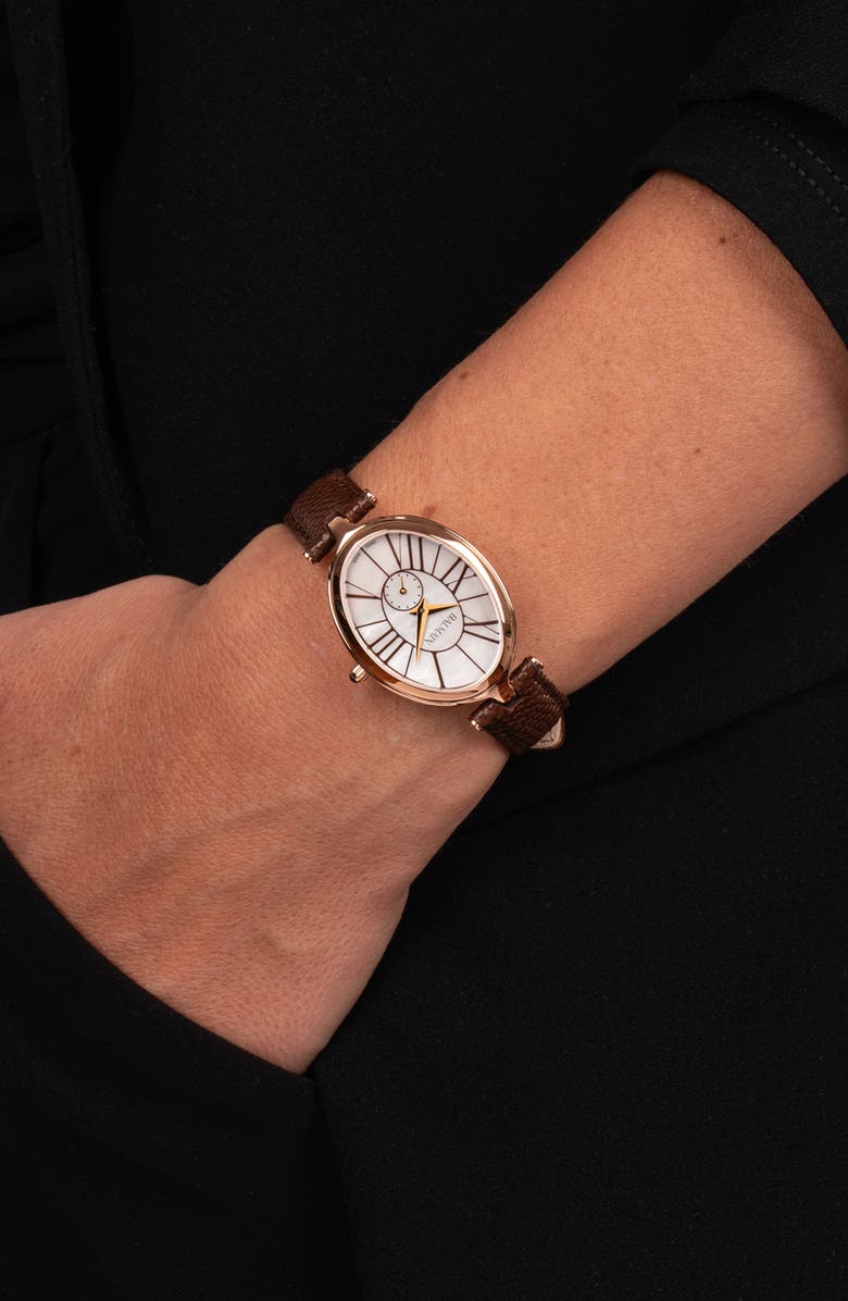 Balmain Haute Elegance Oval Leather Strap Watch, 26mm x 32mm, Alternate, color, Yellow Gold Brown